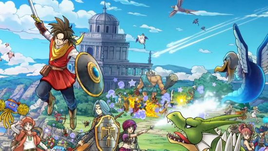 Dragon Quest Champions release date -art for the game showing various heroes in colourful armour with swords and shields stood on a. grassy plain going against monsters like dragons and giants in front of a large cathedral.