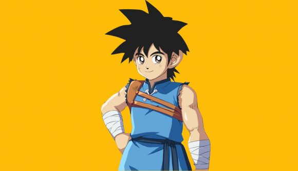 Dragon Quest The Adventure of Dai end of service: a boy in a blue tunic with white tape wrapped around his forearms and spiky black hair, looking at the camera with one arm down, one on his hip, superimposed on a mango yellow background.