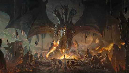 Dragonheir: Silent Gods release date - a promotional illustration showing a group of adventurers facing off against a giant dragon in its lair