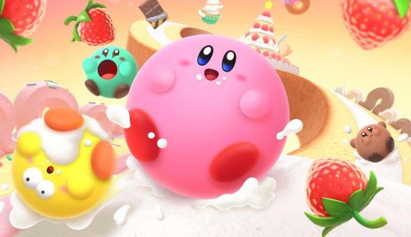 Kirby wallpapers: Key art from Kirby's Dream Buffet showing pink Kirby being large and spherical on some icing, with mint and brown Kirbies behind him and a yellow Kirby rolling to the left side. There are strawberries all over the screen.