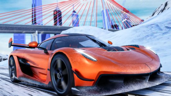 A red car going through a snowy scene, upgradeable with our Driving Empire codes.