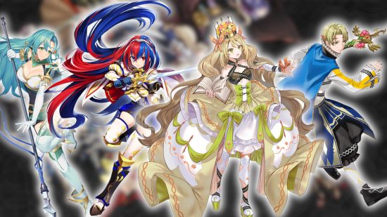 Fire Emblem Engage x Fire Emblem Heroes collab: Key art of Chloe, Alear, Celine, and Alfred pasted onto a blurred FEH background.