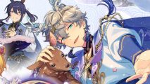 Ensemble Stars Music spring: Close up of a grey-haired boy from EnStars petting a baby deer and extending his hand to the viewer.