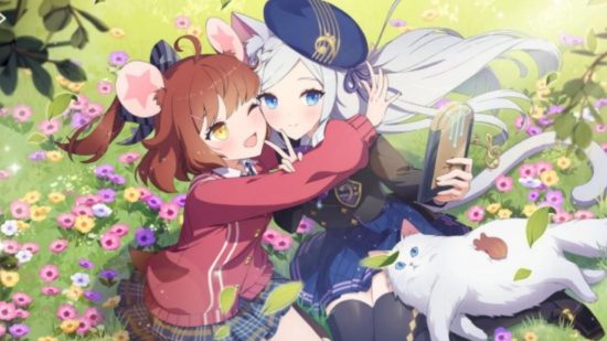 Everousl tier list - two Eversoul characters hugging and taking a selfie with a cat