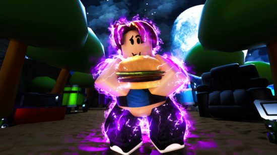 Fat Simulator codes - a fat avatar stood in front of trees and the moon glowing blue and holding a burger