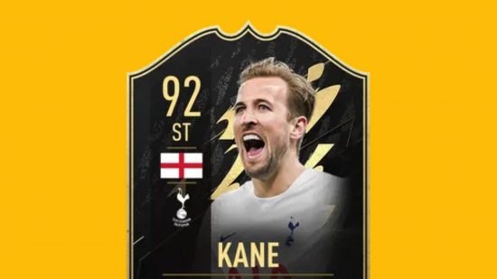 Harry Kane's FIFA 23 Ultimate Team card on a mango yellow background, showing the number 92, the England flag, the Spurs crest, his name, and a celebratory picture.