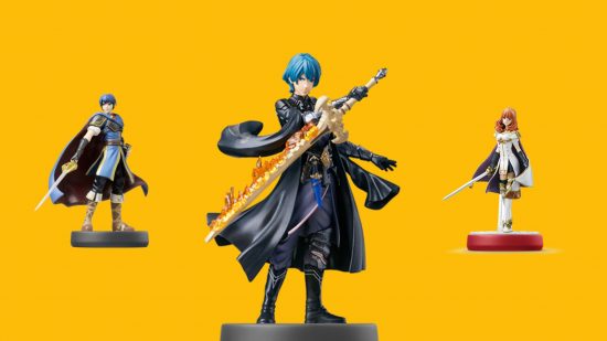 Fire Emblem Engage amiibo -- three plastic figurines on a mango yellow background. In the middle, a man with blue hair, black cape, and gown wielding a fiery sword. On the right, a woman in a white regal outfit with red hair, and on the left a man with a sword at his thigh with blue hair and outfit and billowing cape.