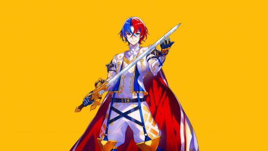Fire Emblem Engage - the main character from FE Engage, a man with scruffy red hair on one side, blue on the other, white armour and regal sword, looking happy.