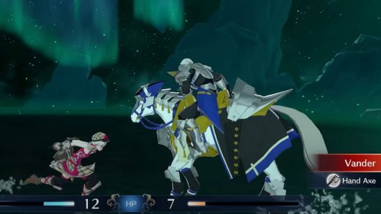 Fire Emblem Engage arena: a small female unit and a large male unit on horseback fight head to head