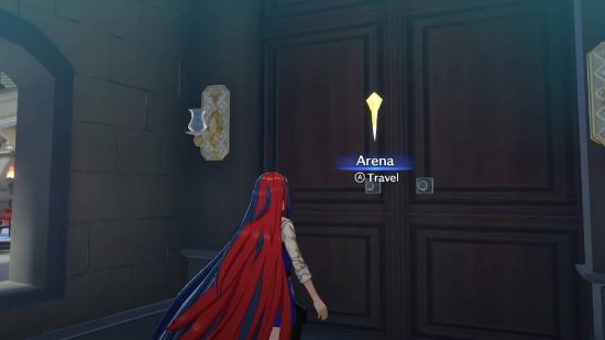 Fire Emblem Engage arena: Alear stands in front of a large wooden door