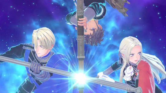 Fire Emblem Engage Emblems: a screenshot from Fire Eblem Engage shows Edelgard, Dimitri, and Claude, the leaders of the three houses from Fire Emblem Three Houses