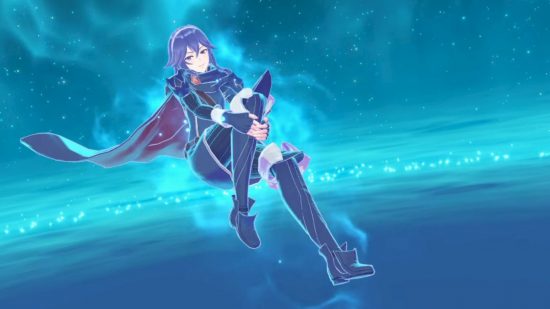 Fire Emblem Engage endings - a woman with blue hair and outfit and cape floating in a blue ethereal space