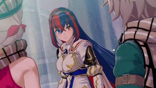 Fire Emblem Engage endings - a woman with red and blue hair sits up from a bed.