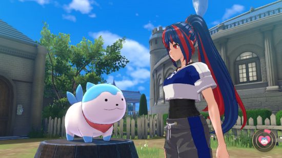 Fire Emblem Engage preview - a red and blue ponytailed woman looking at a strange cat-dog thing