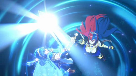 Fire Emblem Engage review - a woman with red and blue hair and a man with blue hair bring their swords together in the sky