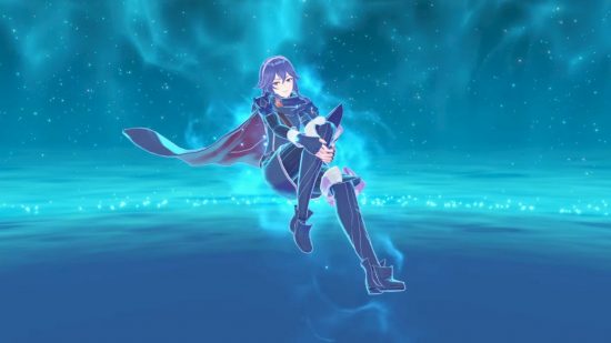 Fire Emblem Engage review - a woman with blue hair and outfit and cape floating in a blue ethereal space