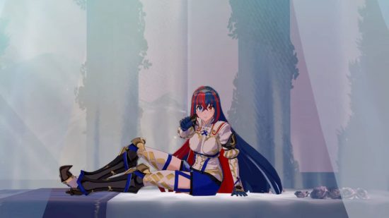 Fire Emblem Engage review - a woman with red and blue hair sits up from a bed.