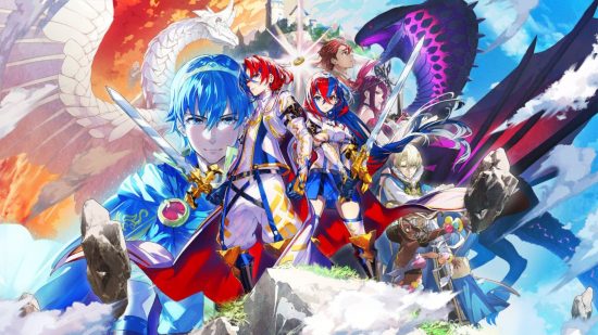 Fire Emblem Engage review - art sowing various cartoon characters in a collage of varying sizes,. Everything is colourful, with bright blues, reds, purples, and a general vibrant nature.