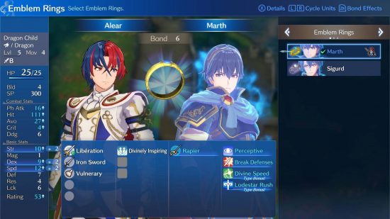 Fire Emblem Engage rings: a screenshot shows a menu with Fire Emblem characters and rings