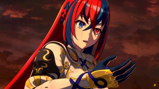 Fire Emblem Engage romance - a woman with red and blue hair looks at her palm