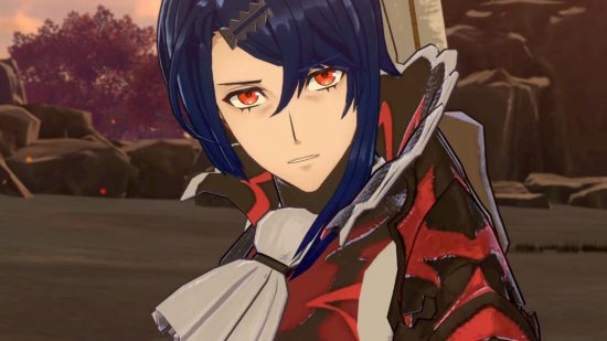 Fire Emblem Engage romance - a blue-haired man with red eyes and a regal red, black and white outfit looking directly at the camera in a closeup of their face.