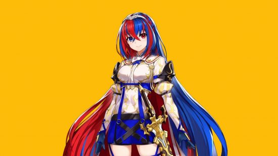 Fire Emblem Engage - the main character from FE Engage, a woman with long red hair on one side, blue on the other, a blue skirt and white armour and regal sword, looking happy.