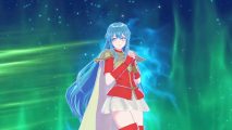 Fire Emblem Engage tactics - a woman with a red top and white skirt clutches her hands together in a scene of green light. She has long blue hair.