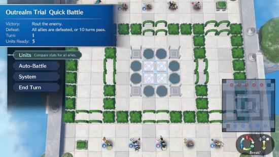 Fire Emblem Engage trials: a top down view shows a series of units on square grids, ready for battle