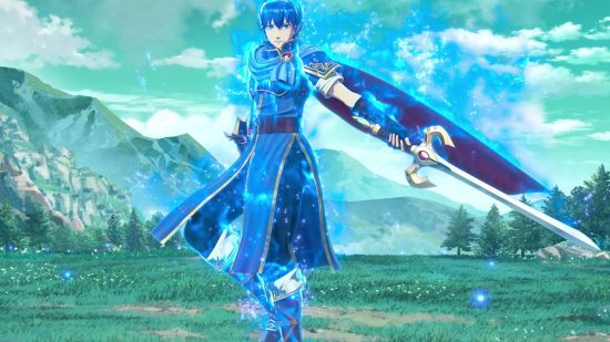 Screenshot of Marth with his weapon drawn for Fire Emblem Engage weapons guide