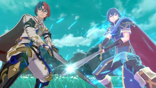 Screenshot of Marth and the protagonist linking weapons for Fire Emblem Engage weapons guide
