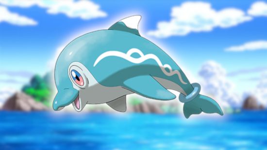 Fish Pokemon: Finizen's official Pokedex image pasted onto a blurred Pokemon background image.