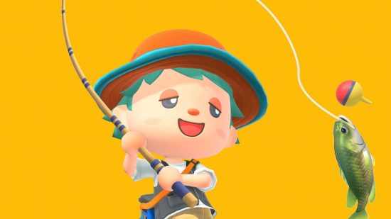 Fishing games -- a character from Animal Crossing with a hat, dozy cartoon eyes, blue hairand fishing rod pulling a fish up on it.