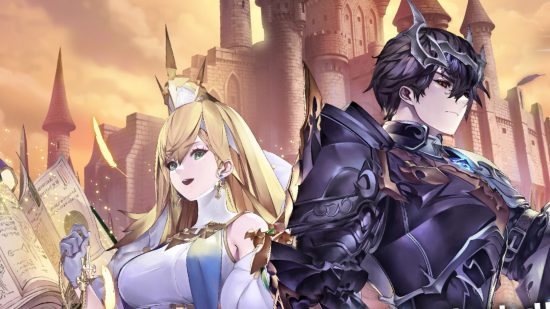 Two characters from the game Fire Stars, codes in the article, in front of an ornate castle. On the right is a woman with blonde hair over her shoulders and an elegant white outfit. On the left is a man in strict black armour with black hair.