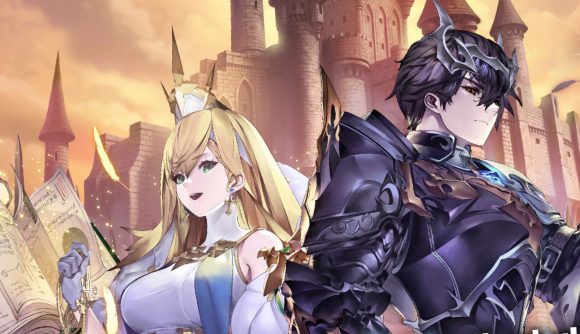 Two characters from the game Fire Stars, codes in the article, in front of an ornate castle. On the right is a woman with blonde hair over her shoulders and an elegant white outfit. On the left is a man in strict black armour with black hair.