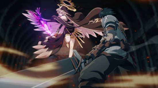 Five Stars tier list: an anime character with a large sword readies an attack at a winged enemy