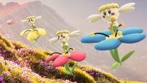 Flower Pokemon: Official art of three Flabebe from Pokemon Go in a flower field. They are (from left to right) yellow, pink/red, and blue.