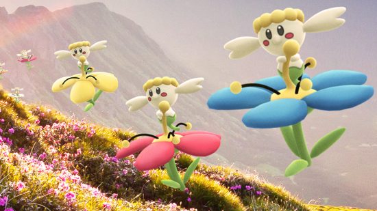 Flower Pokemon: Official art of three Flabebe from Pokemon Go in a flower field. They are (from left to right) yellow, pink/red, and blue.
