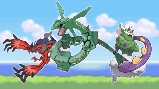 Flying Pokemon: key art shows the flying Pokemon Rayquaza, Yvetal, and Tornadus, appearing against a background of clouds