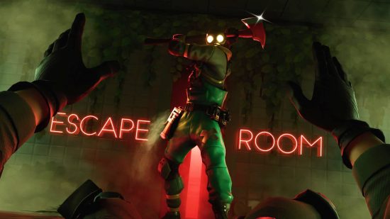 Fortnite escape room codes: a first person view shows a Fortnite avatar on the floor, being approached by a character in a gas mask lifting up a weapon ready to strike