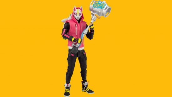 Fortnite figures: a figure of a fortnite character is visible against a yellow background