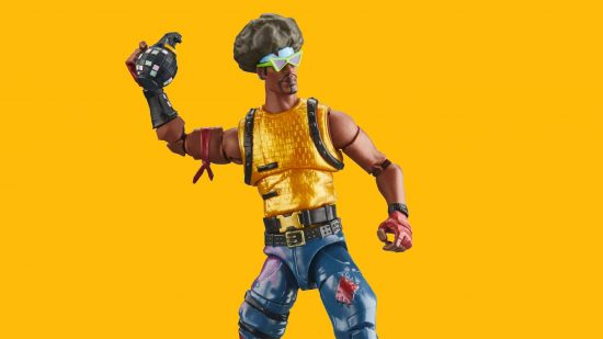 Fortnite figures: a figure of a fortnite character is visible aginst a yellow background