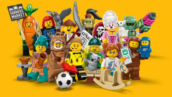 Fortnite Lego: A selection of Lego minifigs are visible against a yellow background