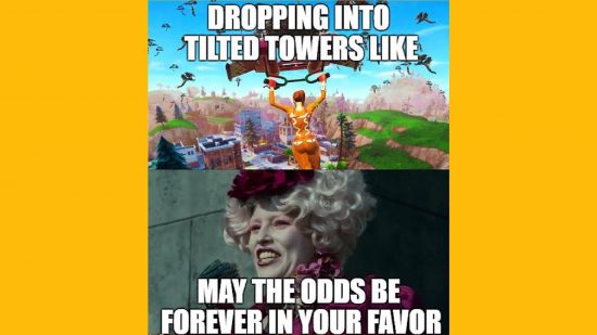 Fortnite memes: an image shows a player gliding into Tilted Towers