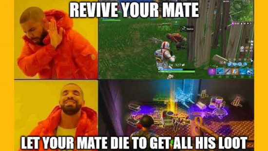 Fortnite memes: the famous Drake meme shows a player in Fortnite collapsing and dropping lots of weapons