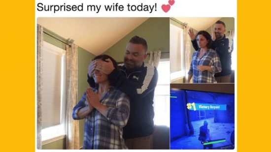 Fortnite memes: a man holds his hsnads over his wife's face, only to reveal he has won at Fortnite