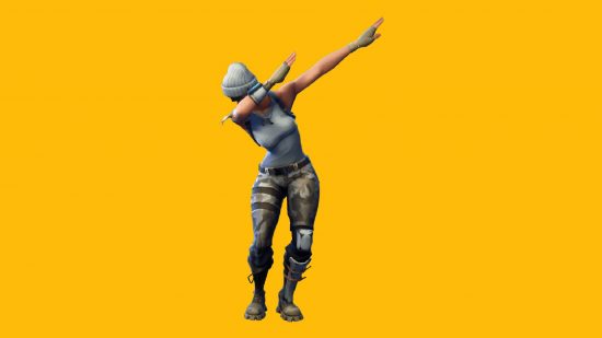 Fortnite memes: a female Fortnite skin is visible against a yellow background, bending forwards with both arms pointing up and to their left, in a move called a dab