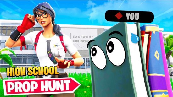 تصویری تبلیغاتی از نقشه مدرن Fortnite Prop Hunt ، که نشان دهنده یک شخصیت Fortnite در لباس مدرسه و یک کتاب با چشم است