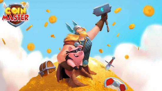 Münzmaster -Key Art mit Thor und The Pig für kostenlose Mobilfunkspiele