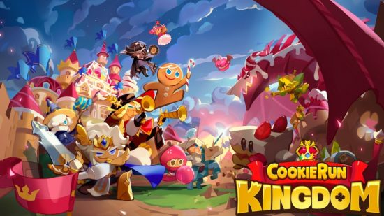 Ключово изкуство на бисквитката Run Kingdom с различни сладки герои на екрана за безплатен списък с мобилни игри