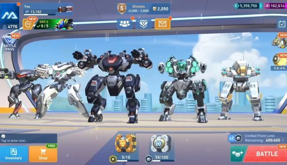 Free mobile games: Mech Arena. Image shows a selection of powerful mech suits.